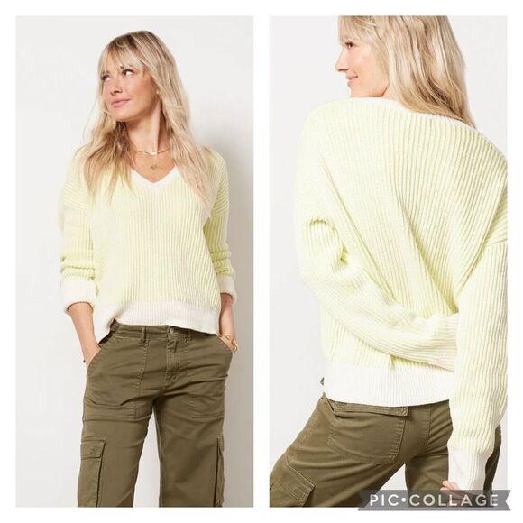 Evereve Riane V Neck Pullover Sweater Neon Yellow White - Picture 1 of 6